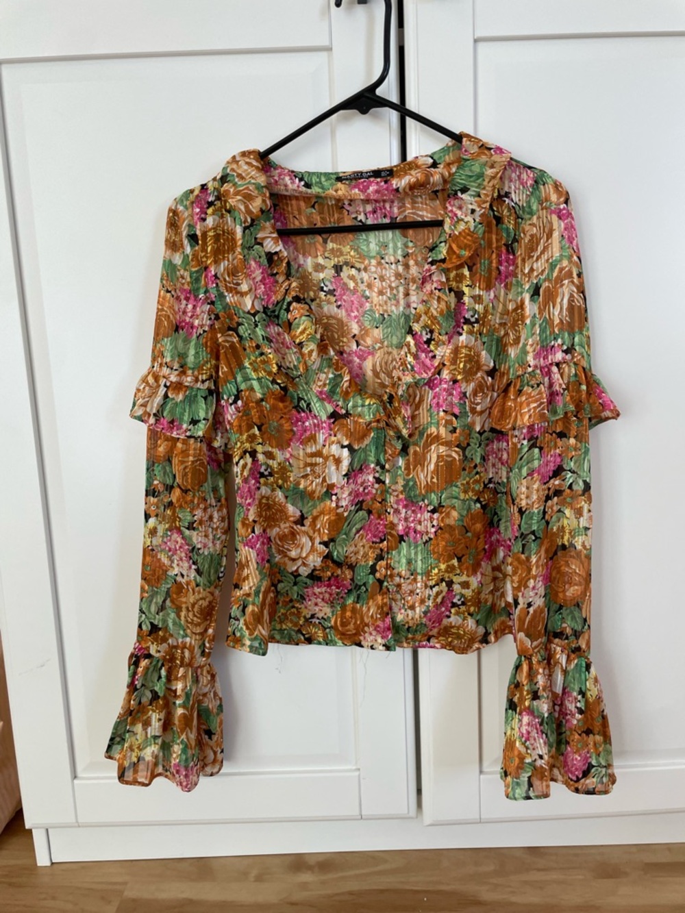 Nasty Gal Floral Ruffle V-Neck Blouse in Pink, Green & Brown